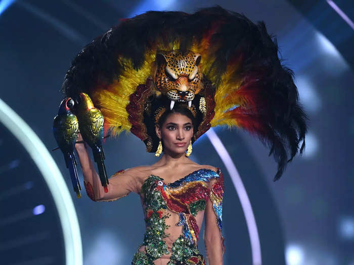 Miss Bolivia Nahemi Uequin Antelo dazzled in a nearly sheer bodysuit covered with glittering birds.