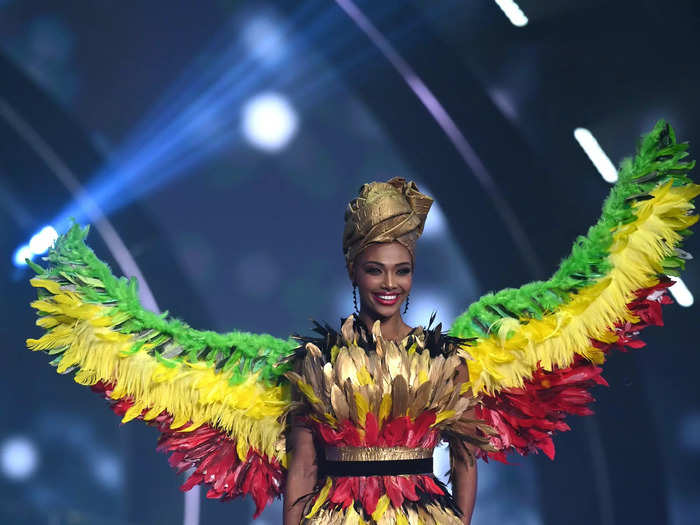 Miss Belgium Kedist Deltour looked ready for flight in her feathered national costume.