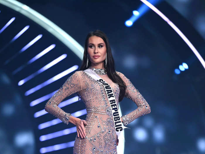 Miss Slovak Republic Veronika Ščepánková walked across the stage in a completely sheer dress with a dramatic feathered skirt.