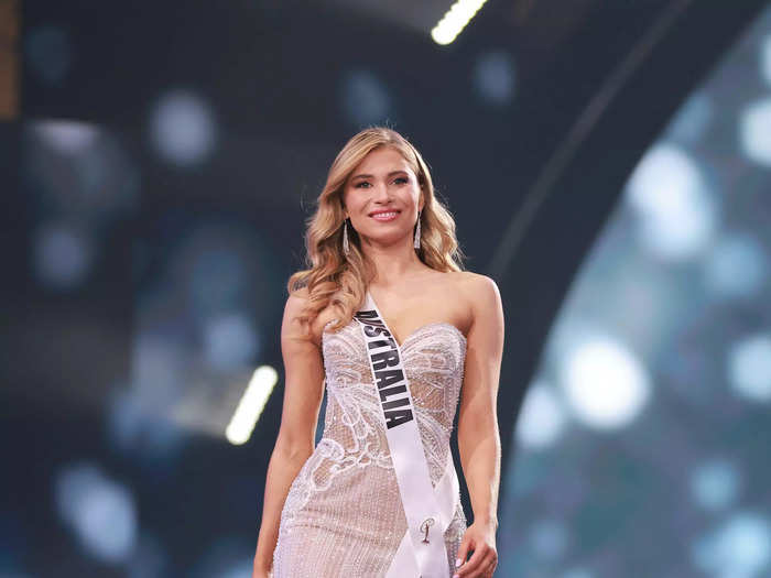 Miss Australia Daria Varlamoval opted for a see-through, strapless dress.