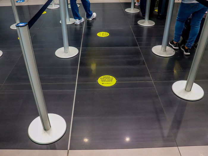 And the floors had social distancing placards to remind passengers on where to stand when waiting in line.