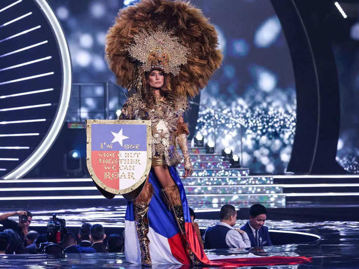 Miss Czech Republic Karolína Kokešová wore a Lioness Warrior costume to promote women