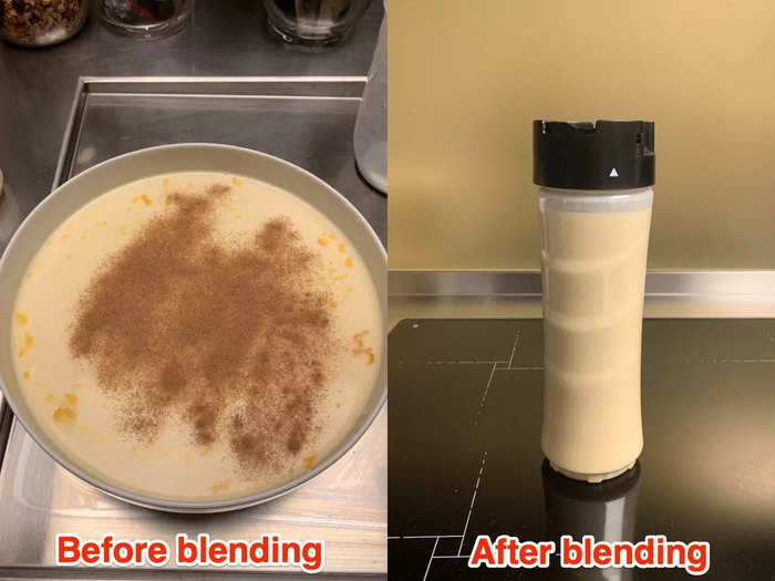 When the water is cool enough, pour it in with the eggy, milky, rummy mixture and top it off with some ground cinnamon. Then, put the mix through a blender.