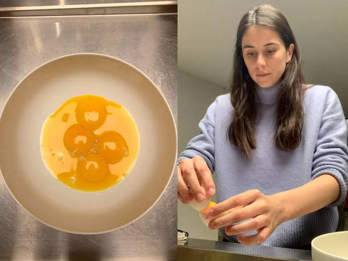 I started by cracking and separating the eggs, discarding the whites and popping the yolks into a large bowl.