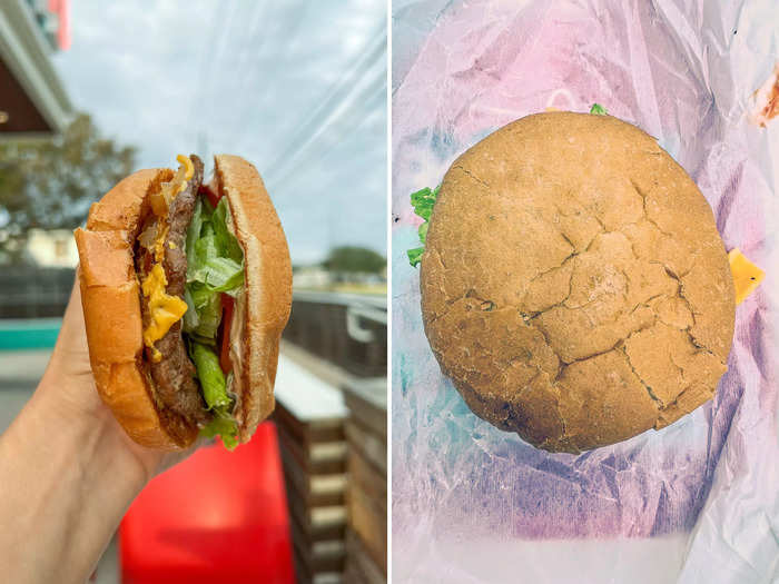 The burger seemed to be typical for a fast-food restaurant with a thin patty and a lightly-toasted bun.