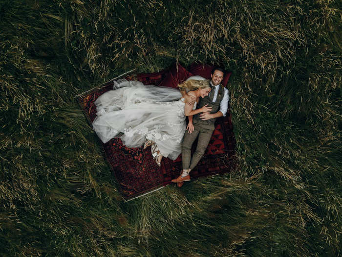 This overhead shot of the bride and groom makes it seem like they