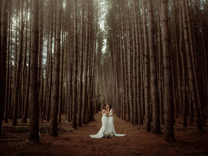 The woods make for a picturesque backdrop for a wedding shoot in at Mont-Tremblant in Québec.