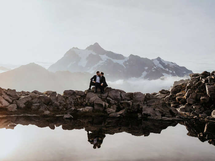 This lake in the North Cascades National Park in Washington creates a perfect mirror image of the grooms.