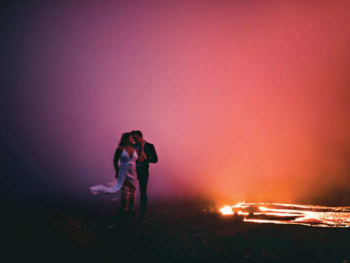 These newlyweds also took photos at a volcano — they got scarily close to the lava at the Fagradalsfjall volcano in Iceland.