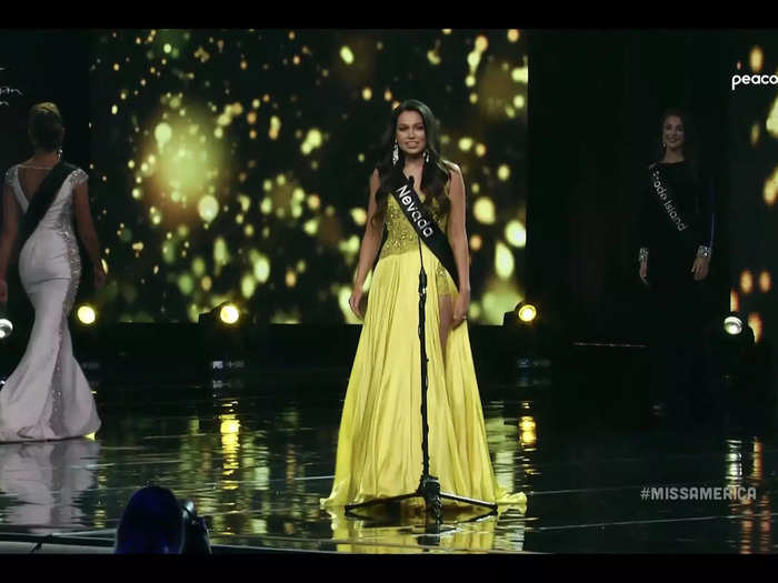 Miss Nevada Macie Tuell rocked a bright gown that had an eye-catching, thigh-high slit.