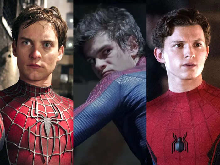 All three versions of Peter Parker recreate the iconic meme of multiple Spider-Men pointing at each other.