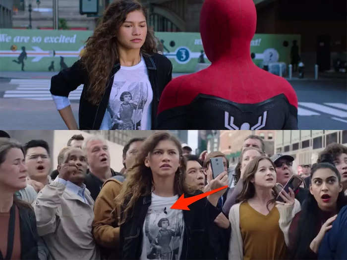 The movie picks up at the very end of "Spider-Man: Far From Home," but this time around, MJ is wearing the broken black dahlia necklace that Peter bought in Venice on their summer trip.