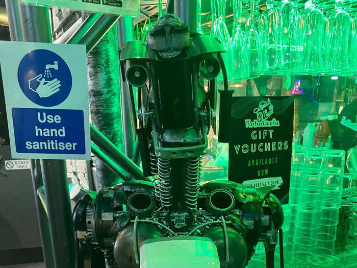 There was even a robot in charge of hand sanitizer — this one was also made from scrap metal pieces and springs.