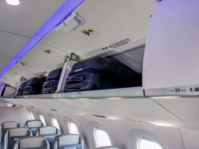 Overhead bin space is more generous than the previous generation aircraft with storage space for one carry-on bag for every passenger, Embraer says.