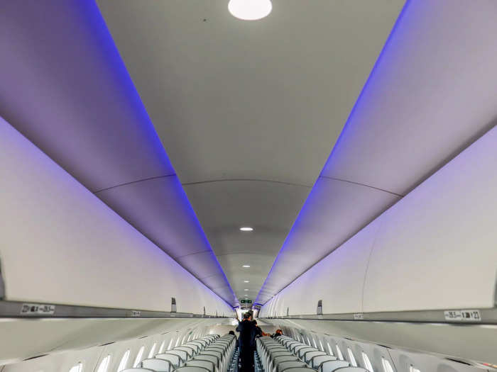 Mood lighting can be found on the aircraft in which the lighting changes with each phase of flight. It
