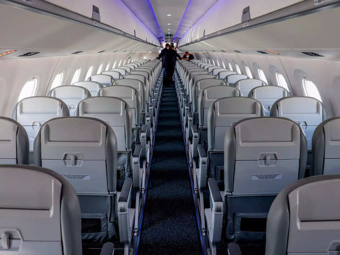 The E195-E2 can seat 120 passengers in a two-class configuration, comprised of 12 business class seats with 36 inches of pitch, 24 extra-legroom economy class seats with 34 inches of pitch, and 84 economy class seats with 31 inches of pitch.