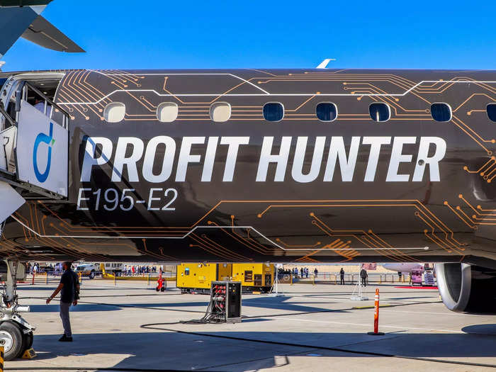 Emblazoned on the side of the aircraft is its nickname, "profit hunter," because of the cost savings that Embraer says it can offer customers.