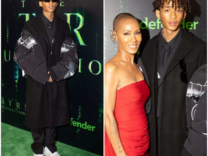 Jaden Smith accompanied his mom Jada Pinkett Smith wearing an all-black ensemble with large puff sleeves.