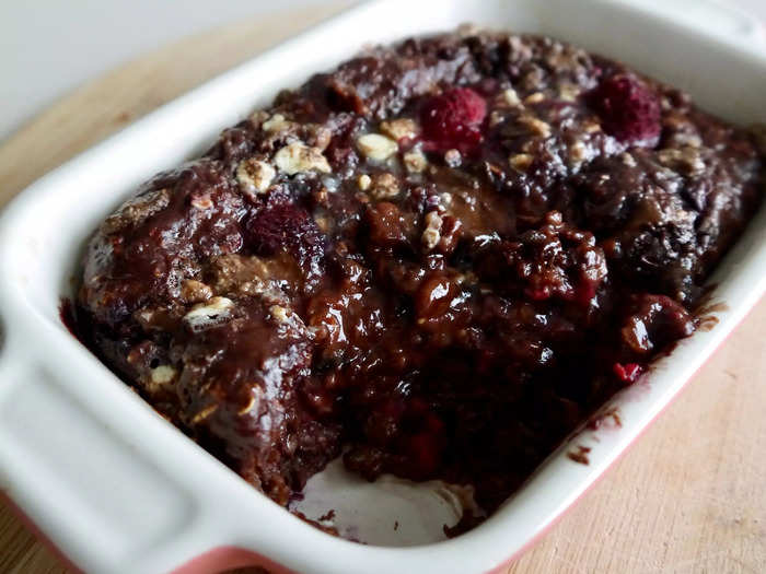 1. Triple chocolate raspberry brownie batter baked oats