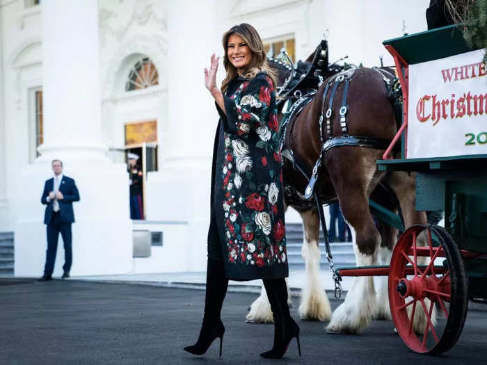 In 2018, Trump greeted the Official White House Christmas Tree in a floral Dolce & Gabbana coat.