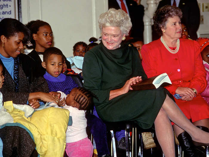 She wore a forest green dress to a Christmas party for children at a homeless shelter in 1989.