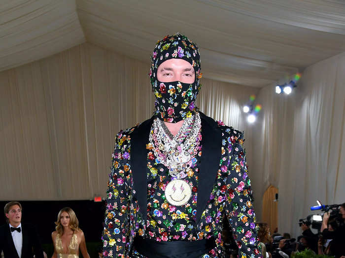 J Balvin also went for a covered-up look in this head-to-toe Jeremy Scott for Moschino ensemble at the Met Gala.