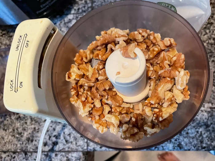 He also throws his walnuts into a food processor — but just for a few seconds.