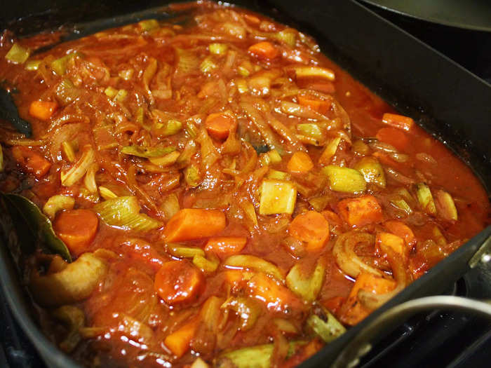 After removing the brisket, I boiled the vegetables and sauce in the roasting pan right on the stove.