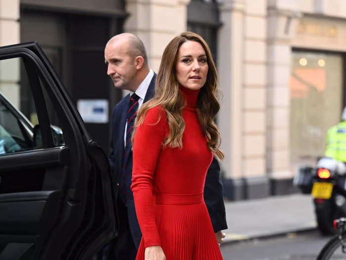 The royal wore a striking red monochromatic look to launch the "Taking Action on Addiction" campaign at BAFTA in October.