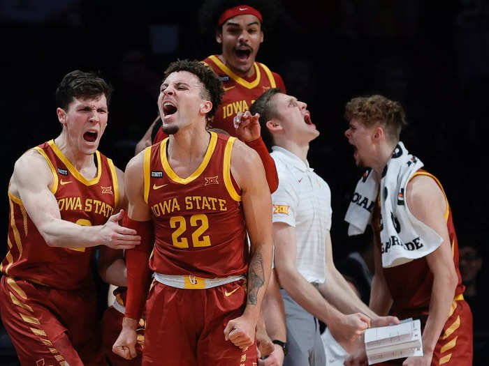 November 26: Gabe Kalscheur of the Iowa State Cyclones reacts with teammates after making a three-point shot against the Memphis Tigers in the NIT Season Tip-Off tournament at Barclays Center.