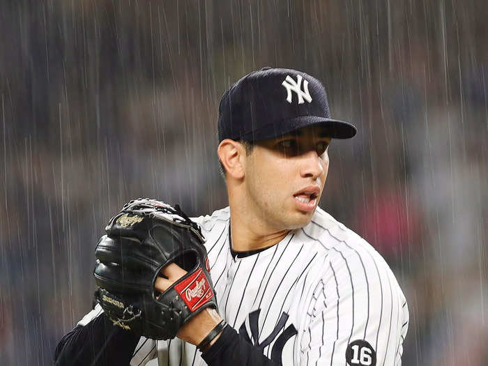 June 30: New York Yankees pitcher Luis Cessa winds up in the rain against the Los Angeles Angels at Yankee Stadium.