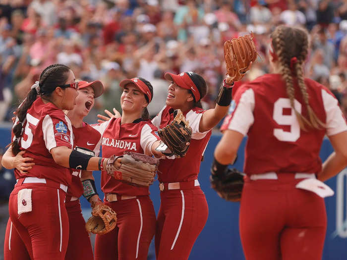 June 7: Oklahoma celebrates their 7-1 win in Game 13 of the Women