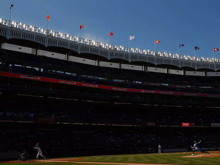 May 27: Alek Manoah of the Toronto Blue Jays pitches to New York Yankees outfielder Clint Frazier during the first game of a doubleheader at Yankee Stadium.