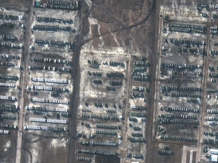 Additional equipment (including BMP-series IFVs, tanks and support equipment) arrived to the existing garrison in Soloti, Russia. Photo taken on Dec. 5, 2021.