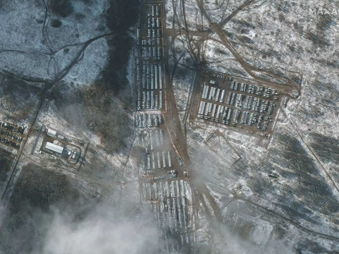 Elements of the 41st Combined Arms Army, including hundreds of tanks, self-propelled artillery and other military equipment (including an Iskander mobile short range ballistic missile (SRBM) unit) are deployed in a training area located approximately 160 miles north of the Russia–Ukraine border. Photo taken on Nov. 9, 2021.