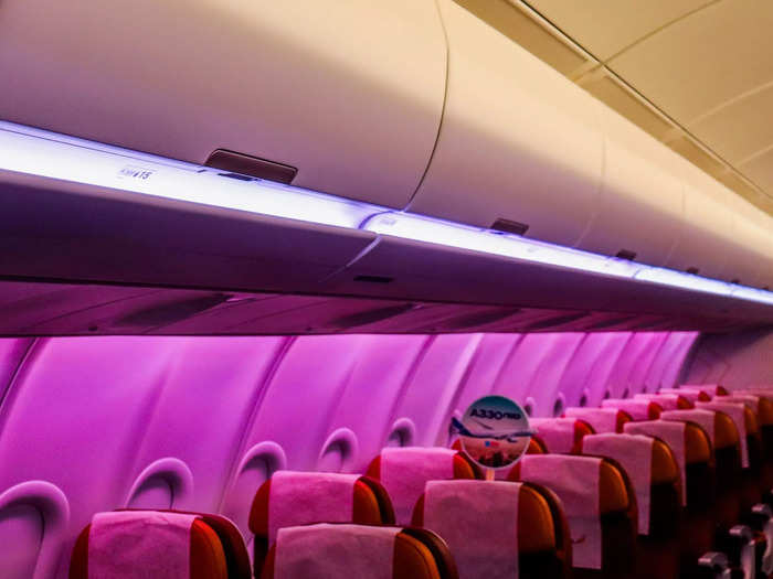 All A330neo aircraft come standard with the "Airspace by Airbus" cabin that includes mood lighting illuminating the cabin and greater overhead bin space for carry-on baggage.