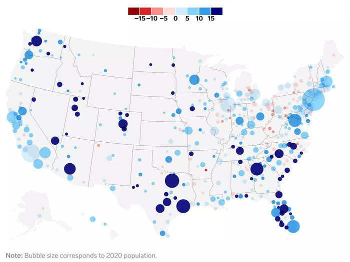 This map shows the fastest growing and shrinking cities in America over the last decade