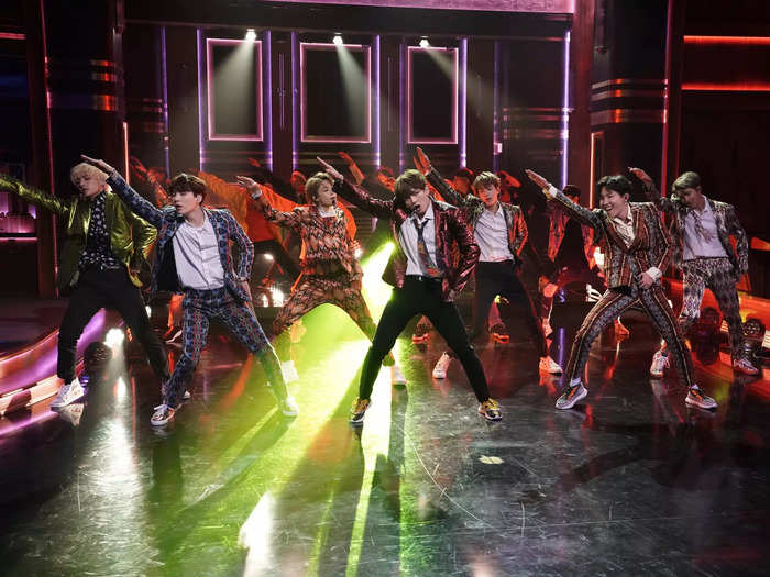 BTS danced in patterned suits for their debut on "The Tonight Show Starring Jimmy Fallon" in 2018.