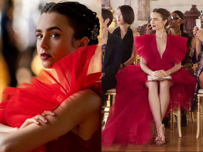 1. The red tulle gown Emily wears to the fashion show at Versailles is one of her all-time best looks.