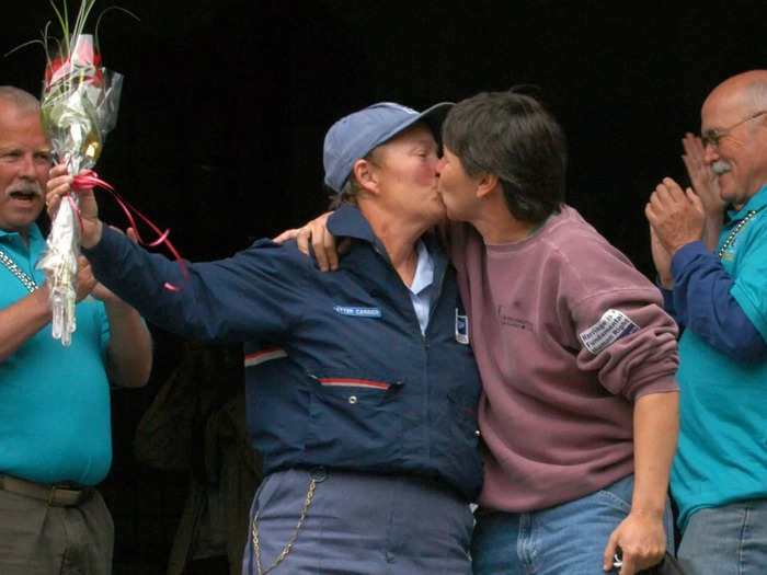 This couple sharing a kiss on their wedding day after Massachusetts became the first state to legalize gay marriage in 2004