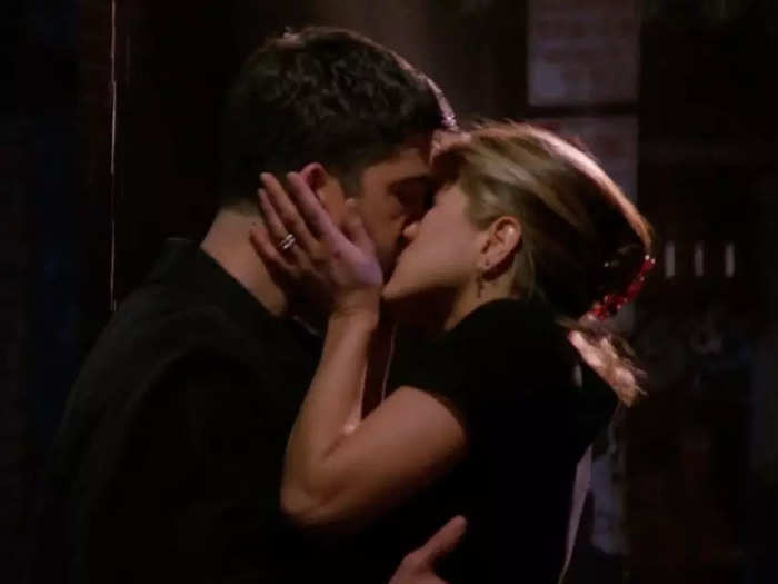 The long-awaited first kiss between Ross and Rachel on "Friends"