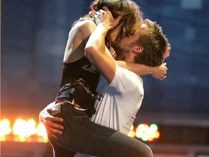 The recreation of the famous rain kiss in "The Notebook" by stars Rachel McAdams and Ryan Gosling at the 2005 MTV Movie Awards