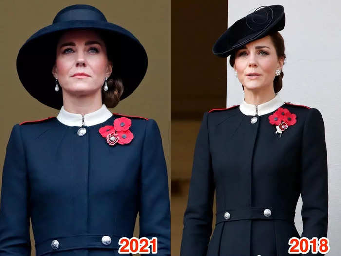 The Duchess of Cambridge wore the same Alexander McQueen coat to the 2021 Remembrance Day tribute that she did to the 2018 service, but switched up the accompanying hat.