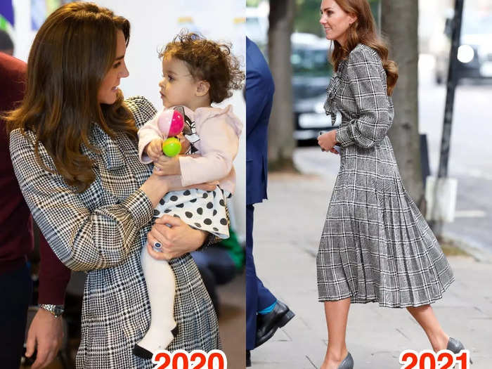 The duchess is also one to recycle high-street brands — here she is rewearing a black and white checkered Zara dress she first was pictured wearing in 2020.