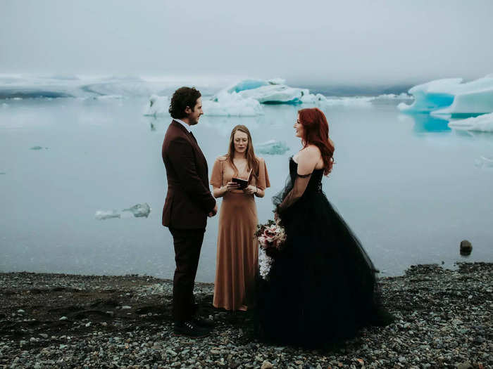 Stewart and Loris said their vows in front of an ice-covered lagoon.