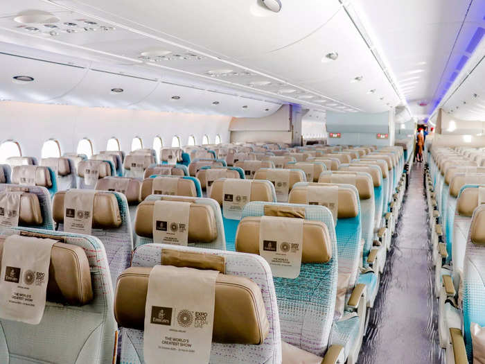 Seats are configured in the standard 10-abreast layout in a 3-4-3 configuration. But the A380 is so massive that there are still gaps between the window seats and the sidewalls.