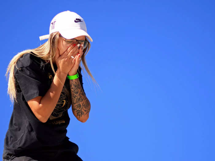 11/14: Brazilian skateboarder Pamela Rosa reacts to winning the final for the SLS Super Crown World Championship in Jacksonville, Florida.