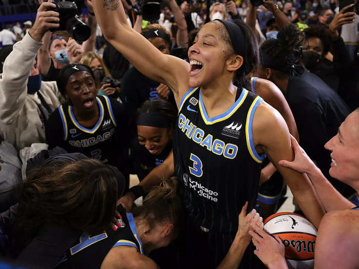 10/17: Candace Parker celebrates after bringing a WNBA title to her hometown Chicago Sky.