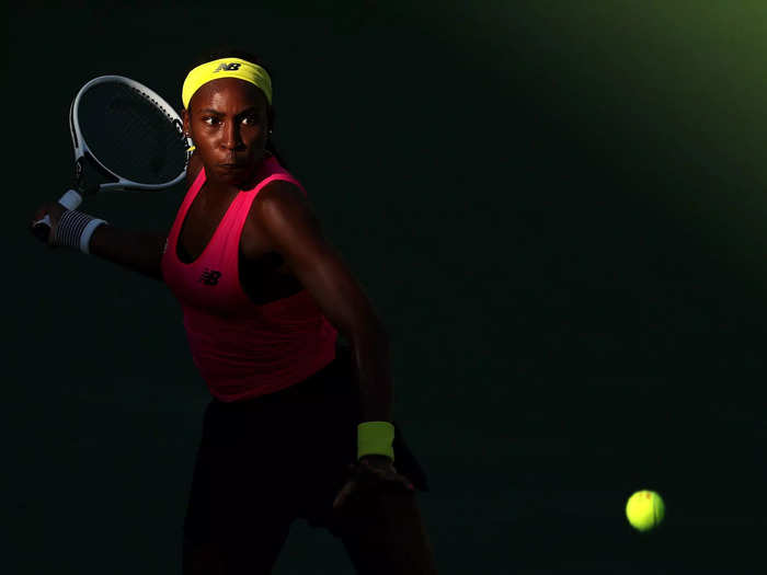 10/9: American tennis star Cori "Coco" Gauff plays a forehand against Caroline Garcia of France during their second-round match of the BNP Paribas Open at Indian Wells.