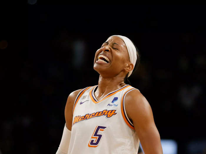 10/8: Shey Peddy celebrates as her Phoenix Mercury books a trip to the 2021 WNBA Finals after defeating the Las Vegas Aces in Game Five of the semifinals at Michelob ULTRA Arena in Las Vegas, Nevada.